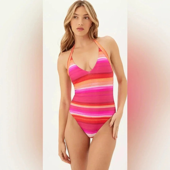 TRINA TURK Pink Orange Solstice Stripe Plunge Halter One Piece Swimsuit Size 14 - Picture 12 of 15